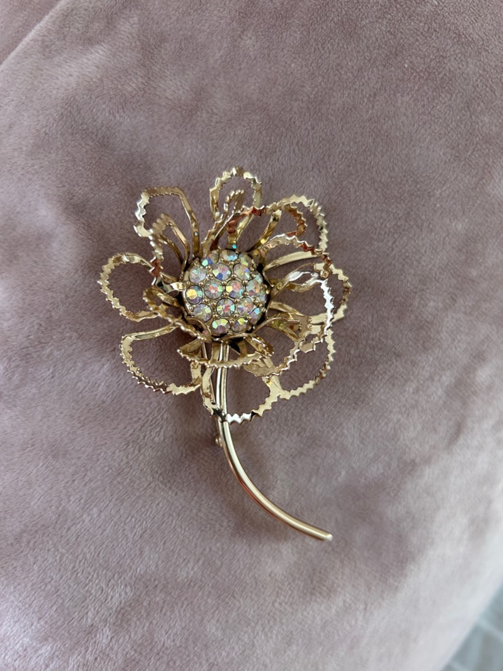 Sarah Coventry Gold-Tone Flower Brooch with Aurora Borealis Rhinestones